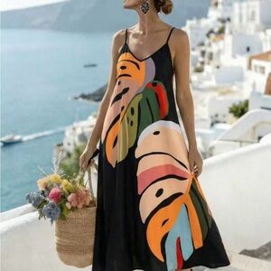 SHEIN Black Maxi Dress with Multicolor Tropical Leaf Print